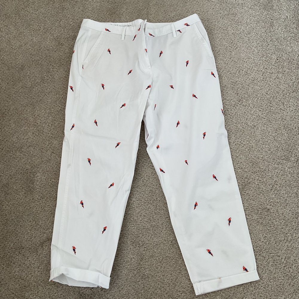 Talbots White Cropped Pants with Red Parrot Pattern NEW. Relaxed chino 16W plus.